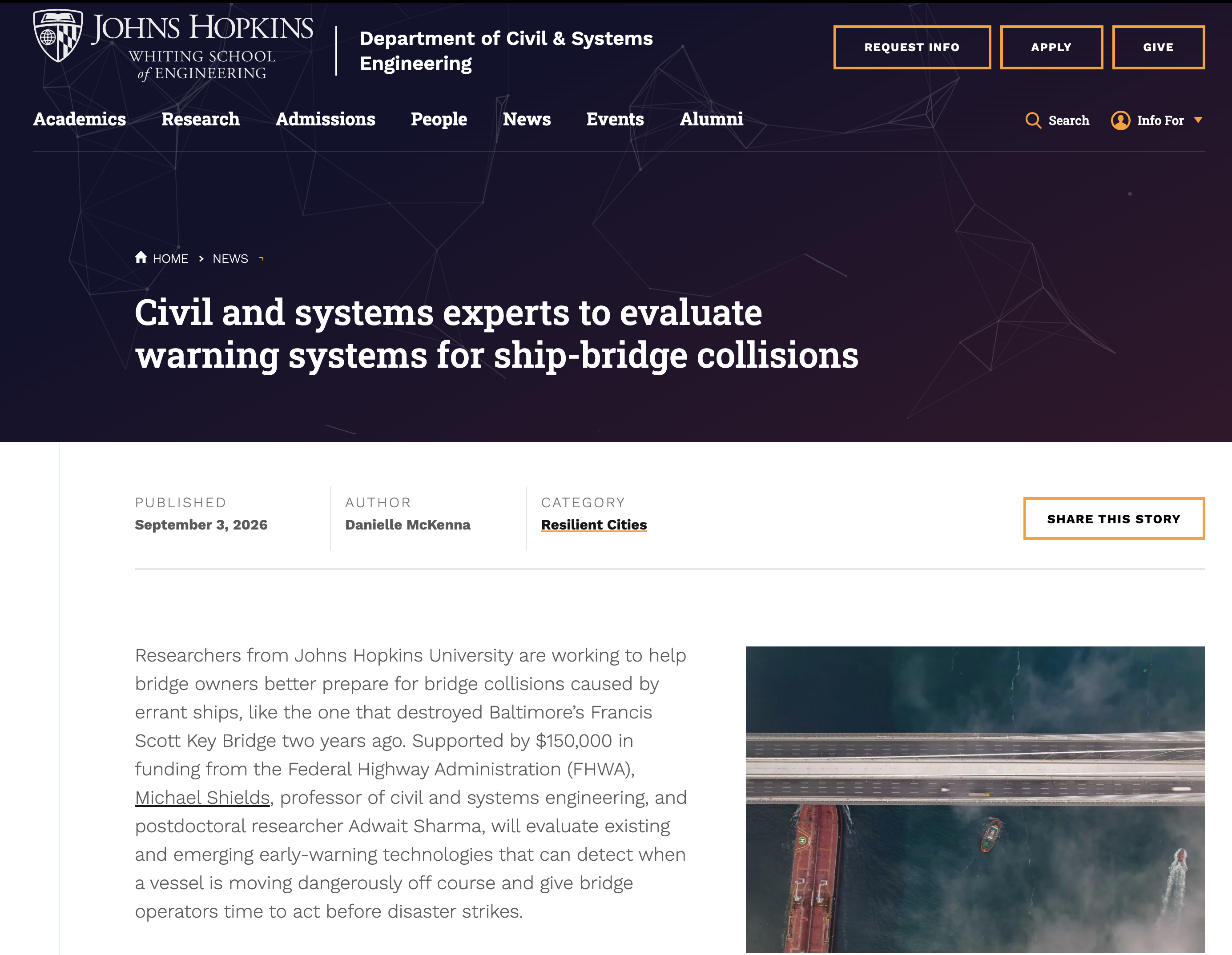 Johns Hopkins announcement on evaluating warning systems for ship-bridge collisions