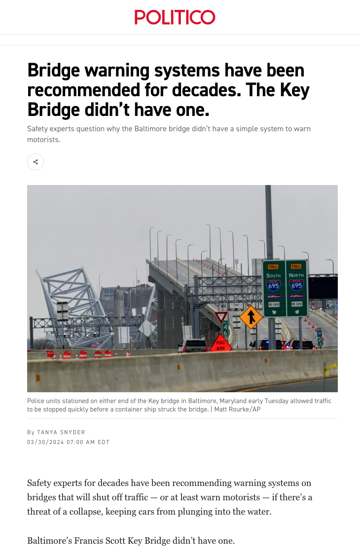 Politico headline on bridge warning systems and the Key Bridge collapse